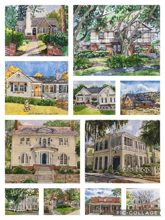 Custom Home Portrait - original hand-painted watercolor